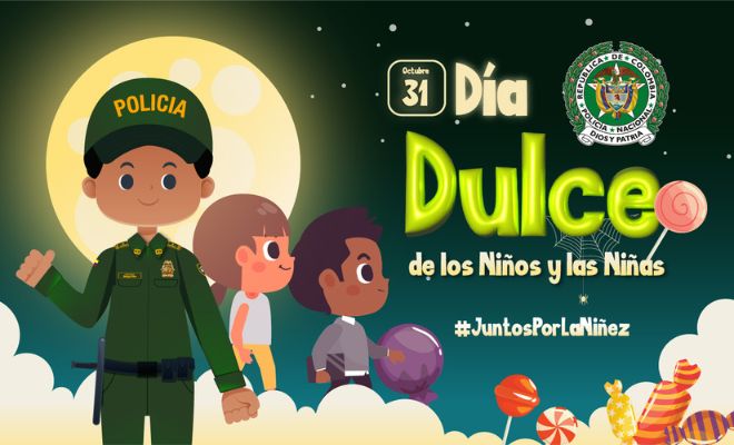 Ilustración policía asegurando que los niños esten protegidos, escenario en la noche con luna llena y texto día dulce de los niños.