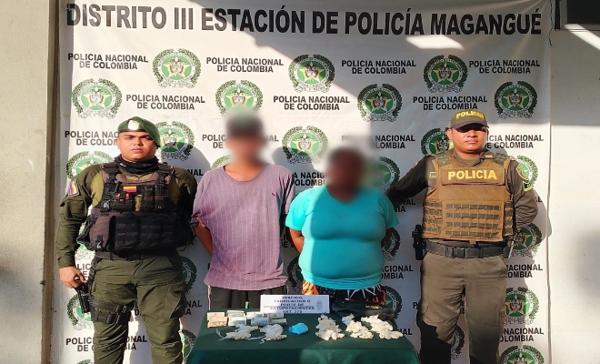 Se logró la captura de dos personas en el barrio Santa Rita del municipio de Magangué, por el delito de tráfico, fabricación y porte de estupefacientes.