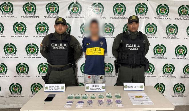 La Policía Nacional y su grupo Gaula Logra la captura de alias 'Gatico', momentos en que cobraba dinero producto de una extorsión 