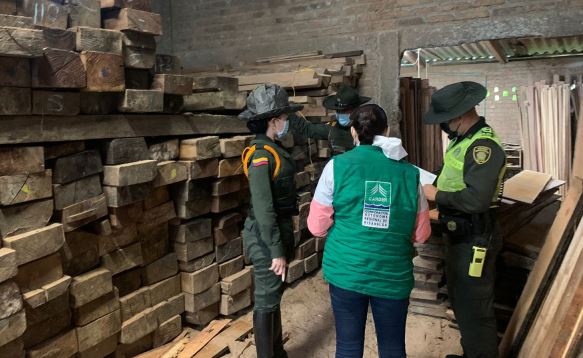 Policía incautando madera