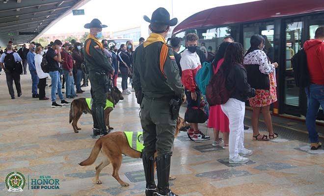 Policías con caninos-bus de Transmilenio- ciudadanía